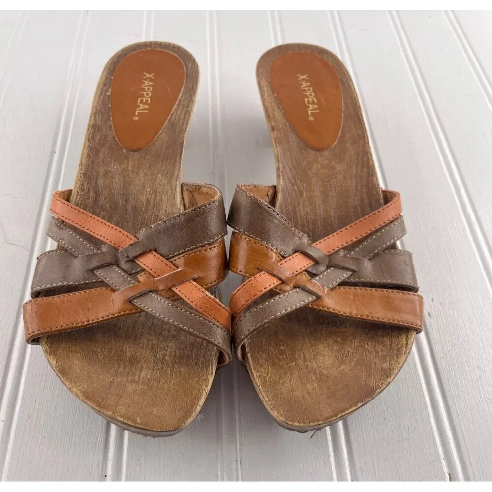 X-Appeal Women’s Wooden Slip On Sandals Brown Scrappy Leather Sage Size‎ 8 y2k
